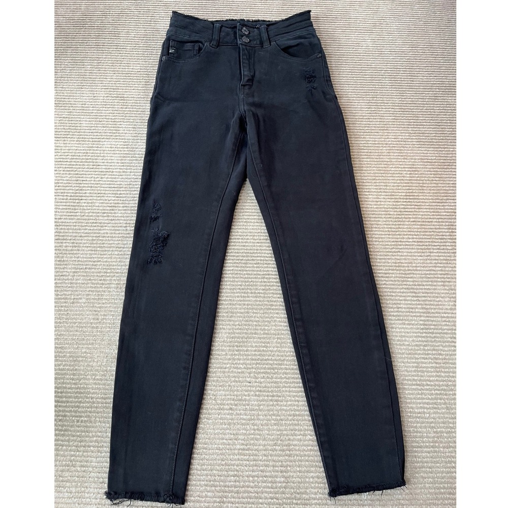KanCan High Rise Skinny Jeans Black Distressed Raw Hem Womens Size 3/25